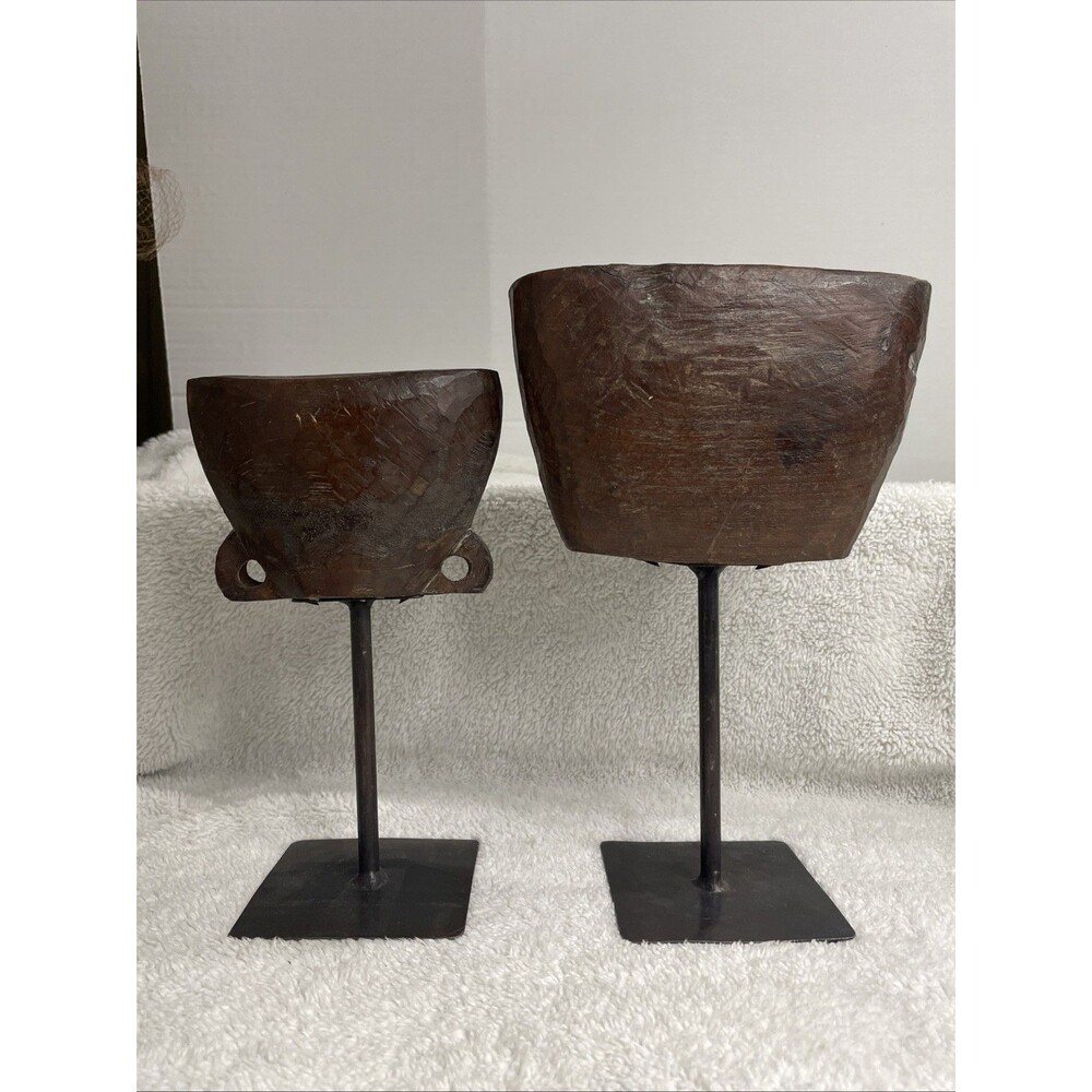 Vintage Repurposed Hand Carved Wooden Cowbells Metal Stand Farmhouse Primitive
